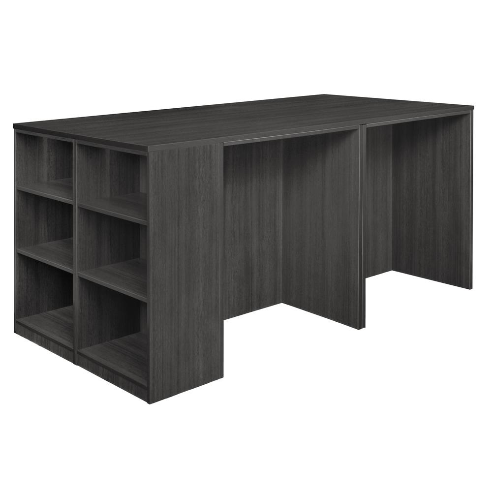 Legacy Stand Up 2 Desk/ Storage Cabinet/ Lateral File Quad with Bookcase End- Ash Grey. Picture 1