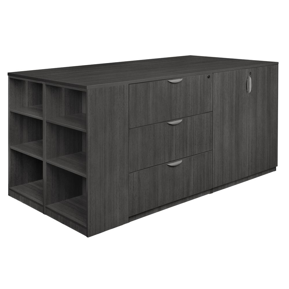 Legacy Stand Up 2 Desk/ Storage Cabinet/ Lateral File Quad with Bookcase End- Ash Grey. Picture 2