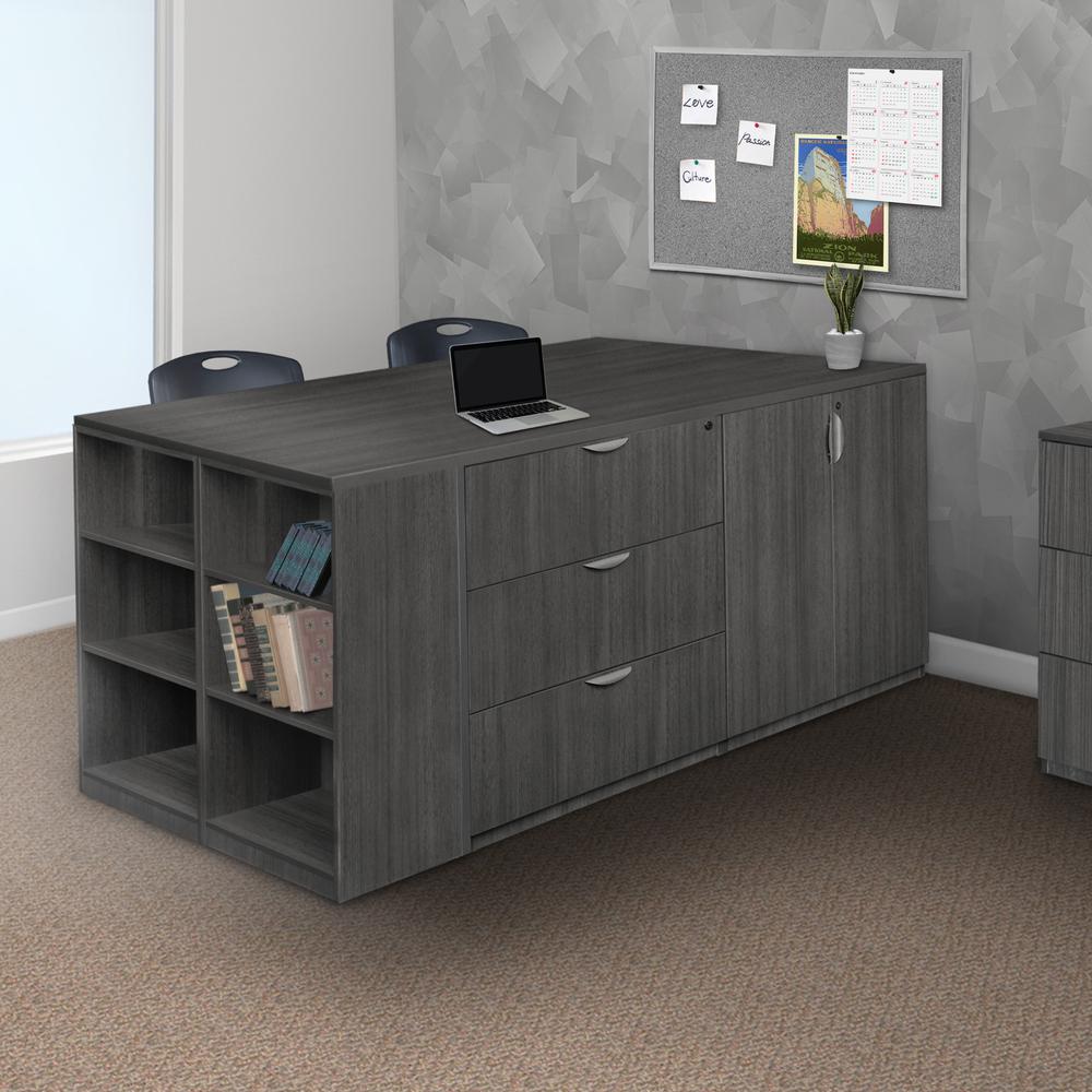 Legacy Stand Up 2 Desk/ Storage Cabinet/ Lateral File Quad with Bookcase End- Ash Grey. Picture 6