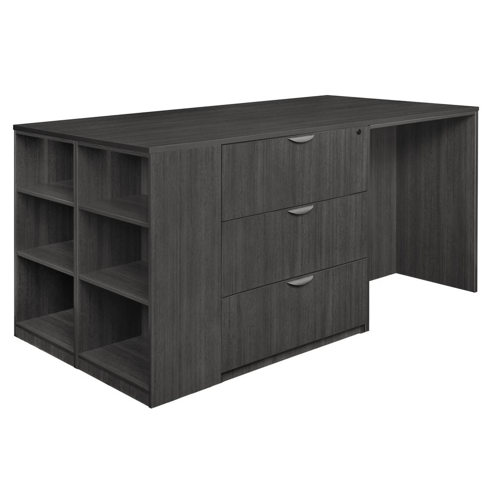 Legacy Stand Up Lateral File/ 3 Desk Quad with Bookcase End- Ash Grey. Picture 1