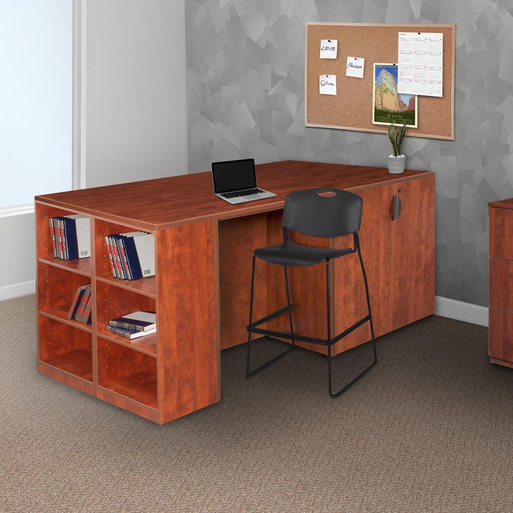 Legacy Stand Up Desk/ 3 Storage Cabinet Quad with Bookcase End- Cherry. Picture 2