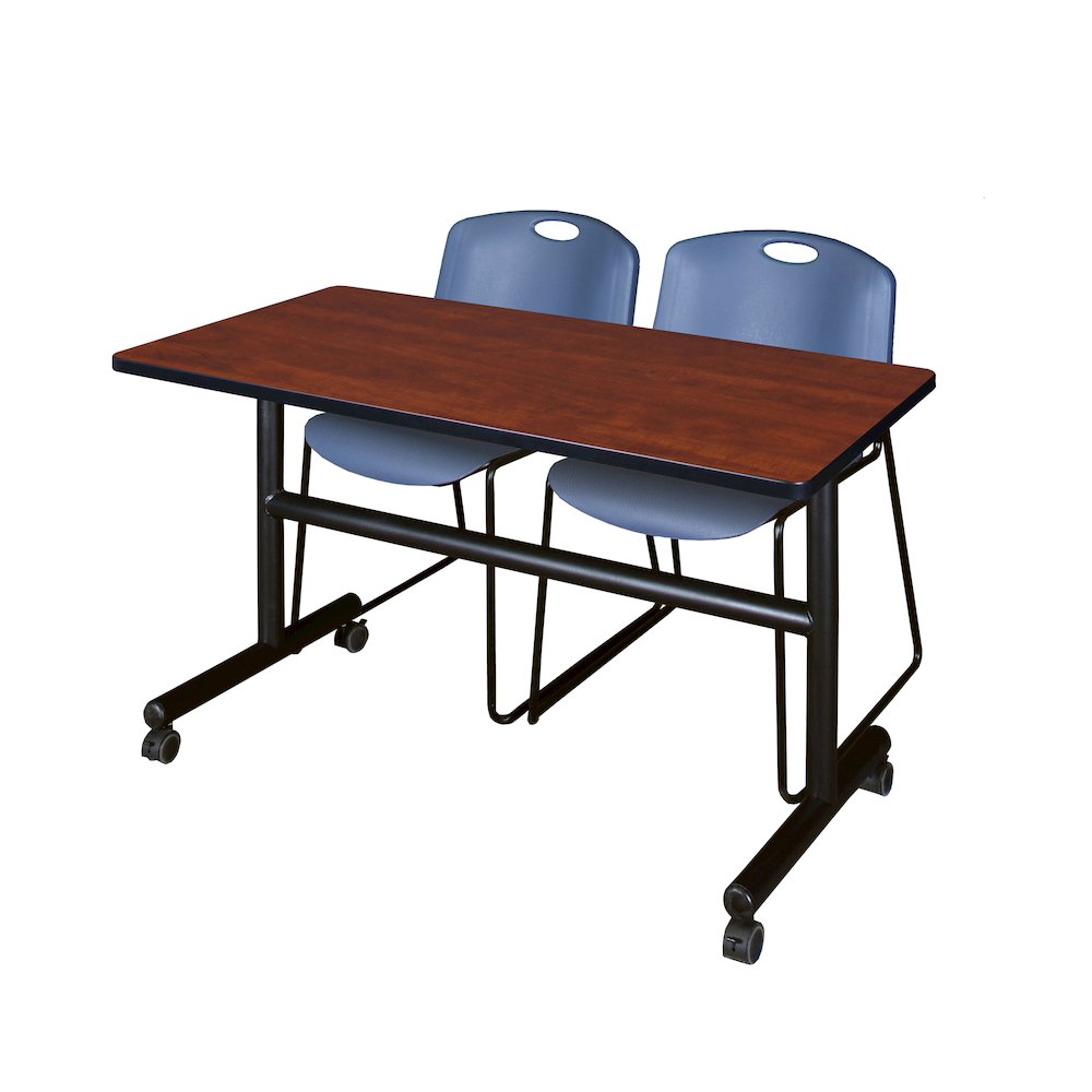 48 x 24 in. Flip-Top Training Nesting Table- Cherry, 2 Zeng Stack Chairs- Blue. Picture 1