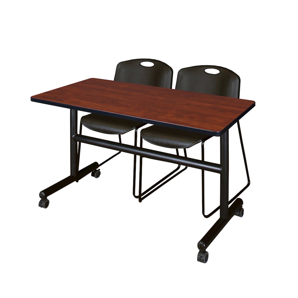48 x 24 in. Flip-Top Training Nesting Table- Cherry, 2 Zeng Stack Chairs- Black. Picture 1
