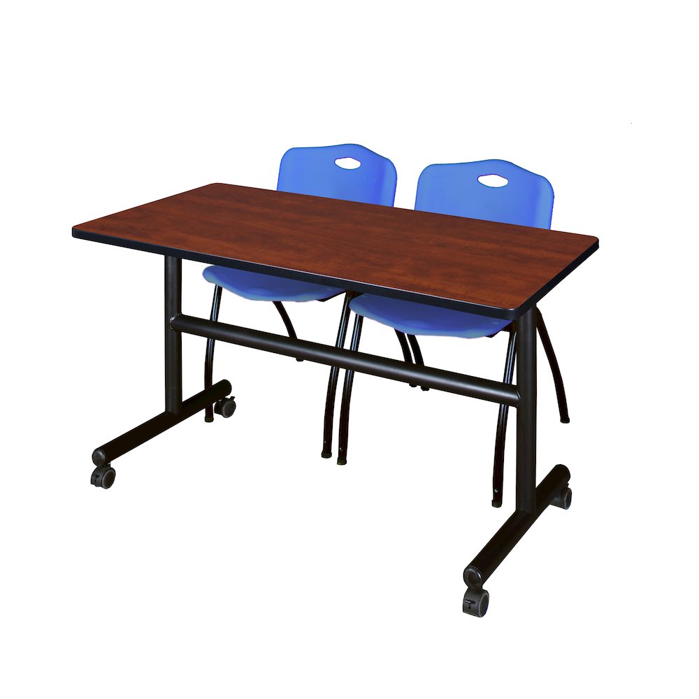 48 x 24 in. Flip-Top Training Nesting Table- Cherry, 2 M Stack Chairs- Blue. Picture 1