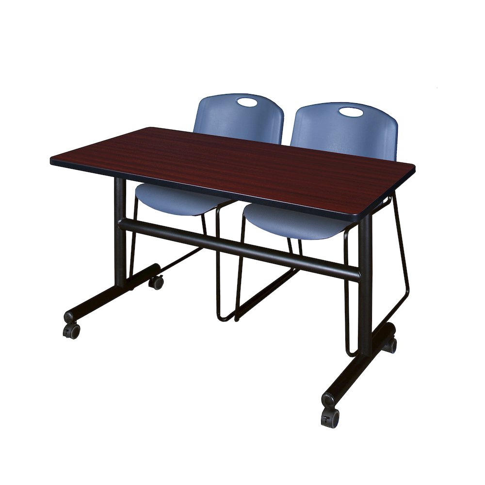 48 x 24 in. Flip-Top Training Nesting Table- Mahogany, 2 Zeng Stack Chairs- Blue. Picture 1