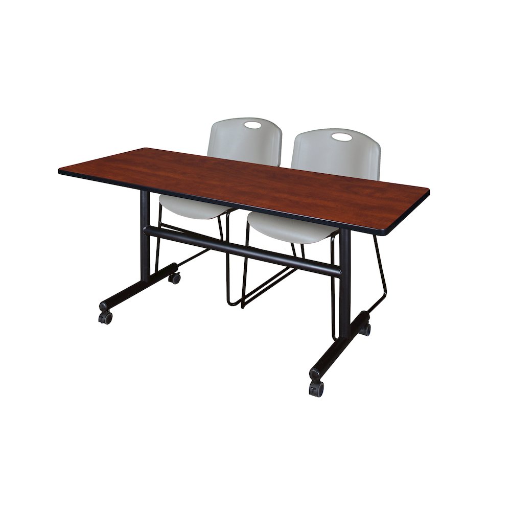 60 x 24 in. Flip-Top Training Nesting Table- Cherry, 2 Zeng Stack Chairs- Grey. Picture 1