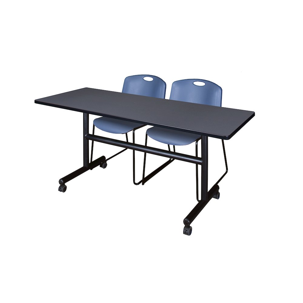 60 x 24 in. Flip-Top Training Nesting Table- Grey, 2 Zeng Stack Chairs- Blue. Picture 1