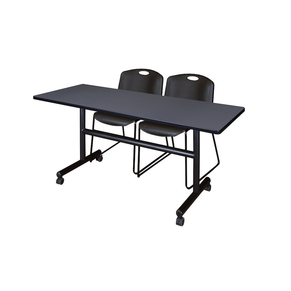 60 x 24 in. Flip-Top Training Nesting Table- Grey, 2 Zeng Stack Chairs- Black. Picture 1