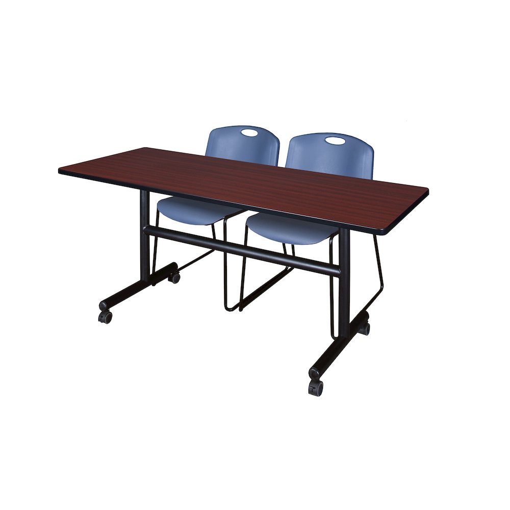 60 x 24 in. Flip-Top Training Nesting Table- Mahogany, 2 Zeng Stack Chairs- Blue. Picture 1