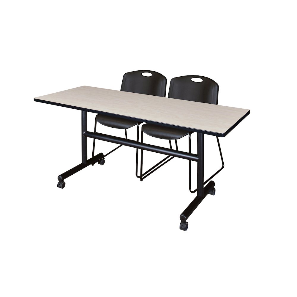 60 x 24 in. Flip-Top Training Nesting Table- Maple, 2 Zeng Stack Chairs- Black. Picture 1