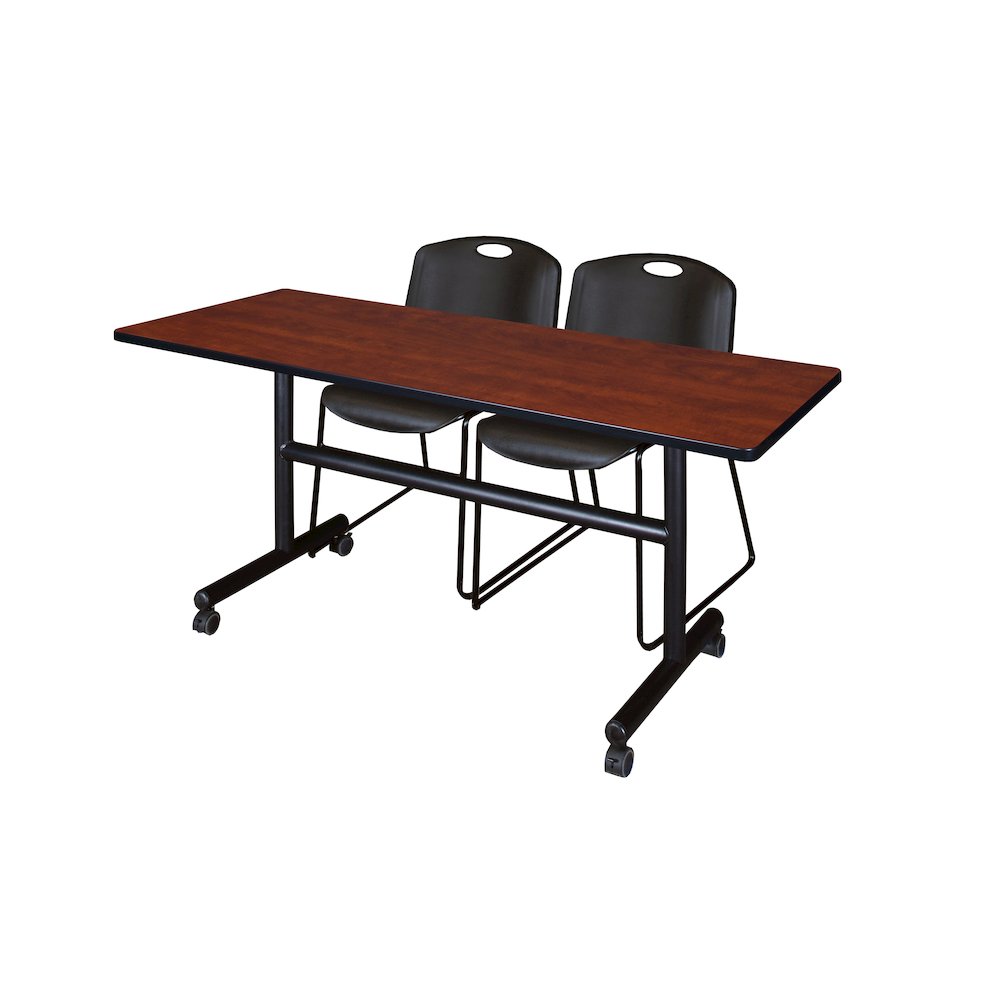 60 x 30 in. Flip-Top Training Nesting Table- Cherry, 2 Zeng Stack Chairs- Black. Picture 1
