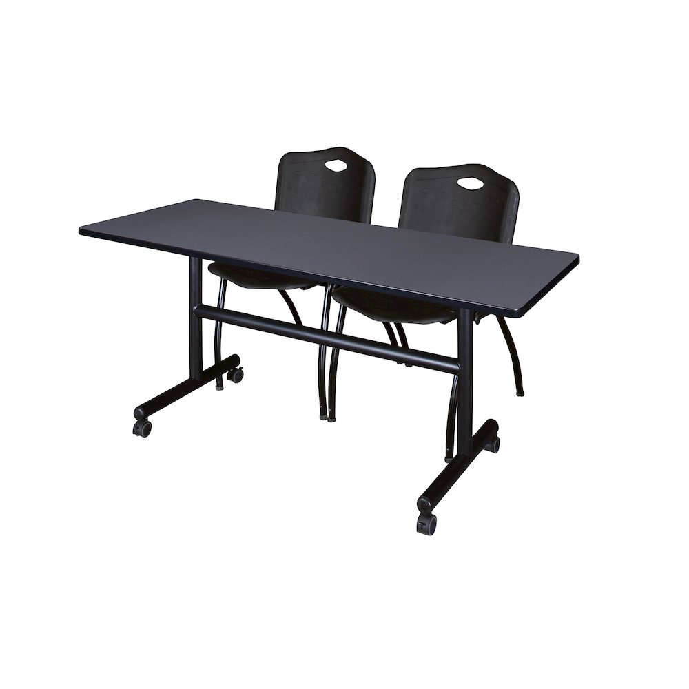 60 x 30 in. Flip-Top Training Nesting Table- Grey, 2 M Stack Chairs- Black. Picture 1