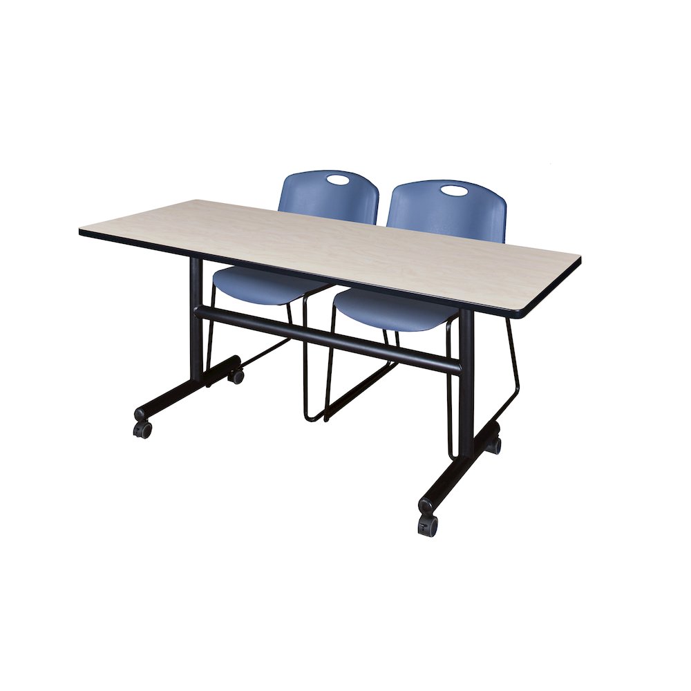 60 x 30 in. Flip-Top Training Nesting Table- Maple, 2 Zeng Stack Chairs- Blue. Picture 1