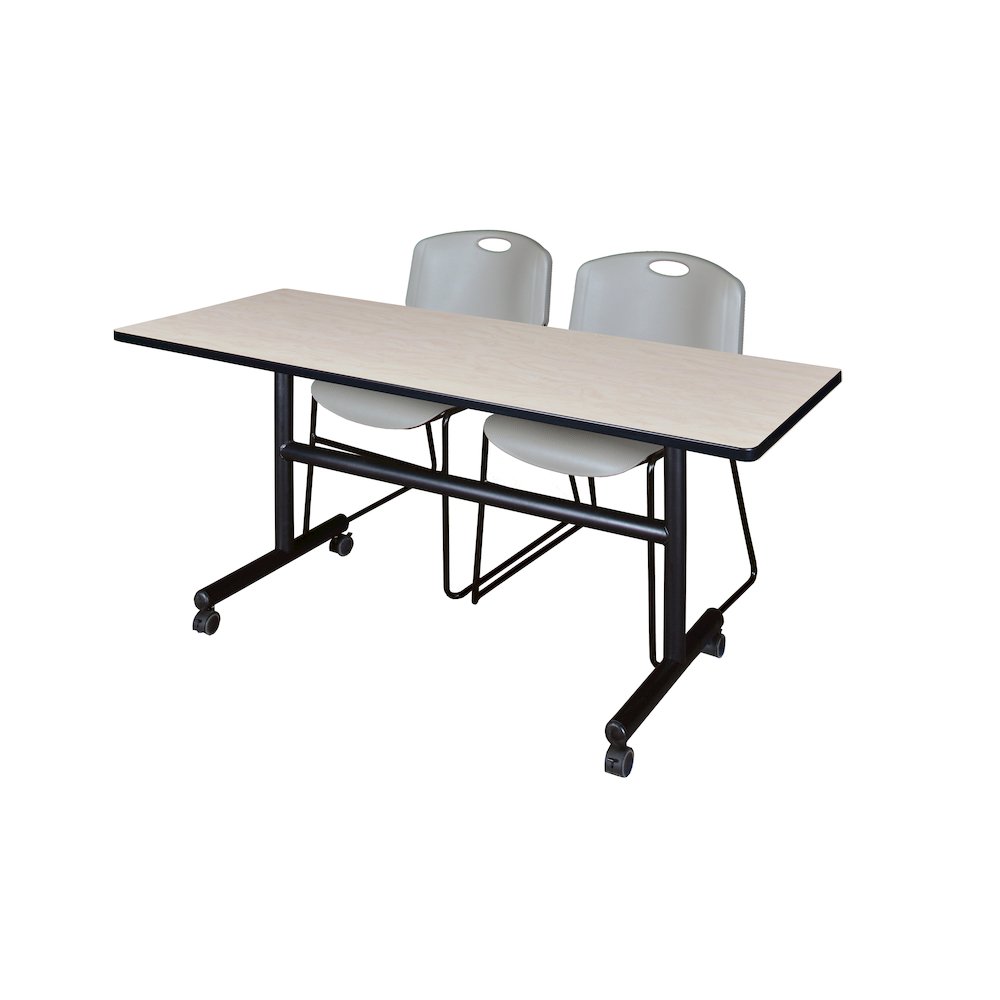 60 x 30 in. Flip-Top Training Nesting Table- Maple, 2 Zeng Stack Chairs- Grey. Picture 1