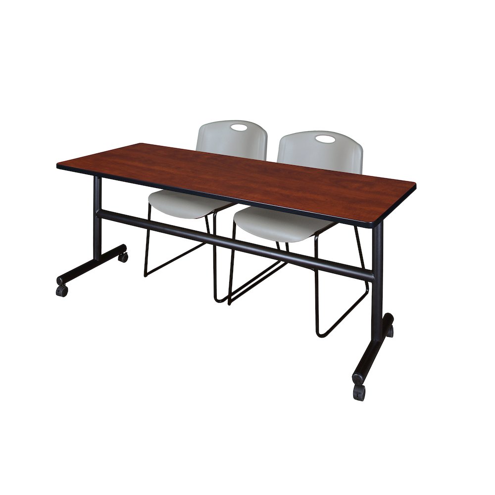 72 x 24 in. Flip-Top Training Nesting Table- Cherry, 2 Zeng Stack Chairs- Grey. Picture 1