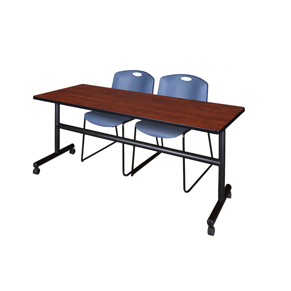 72 x 30 in. Flip-Top Training Nesting Table- Cherry, 2 Zeng Stack Chairs- Blue. Picture 1