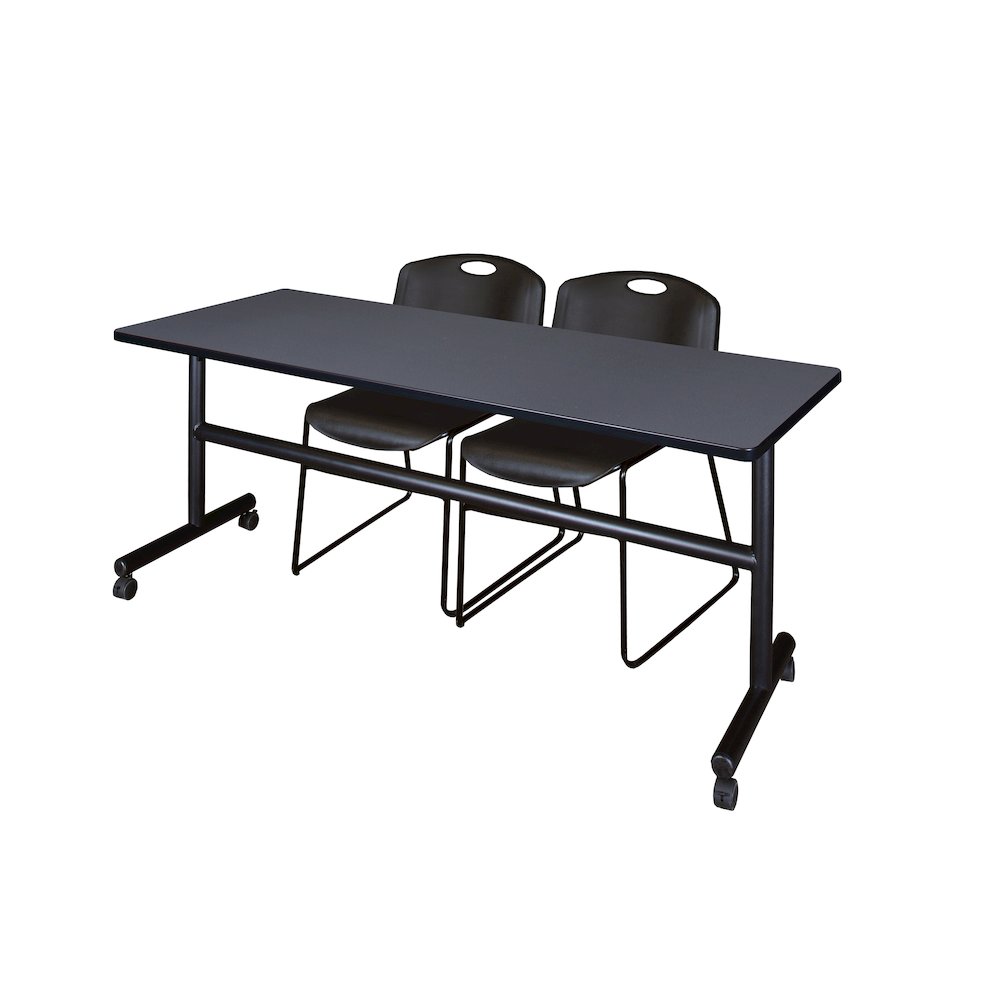 72 x 30 in. Flip-Top Training Nesting Table- Grey, 2 Zeng Stack Chairs- Black. Picture 1