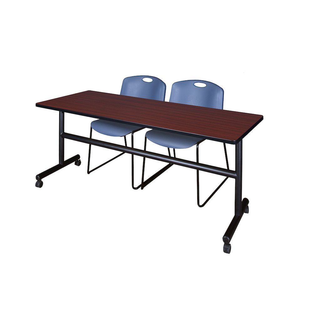 72 x 30 in. Flip-Top Training Nesting Table- Mahogany, 2 Zeng Stack Chairs- Blue. Picture 1