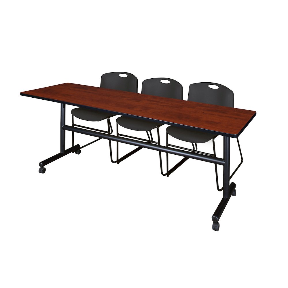 84 x 24 in. Flip-Top Training Nesting Table- Cherry, 2 Zeng Stack Chairs- Black. Picture 1