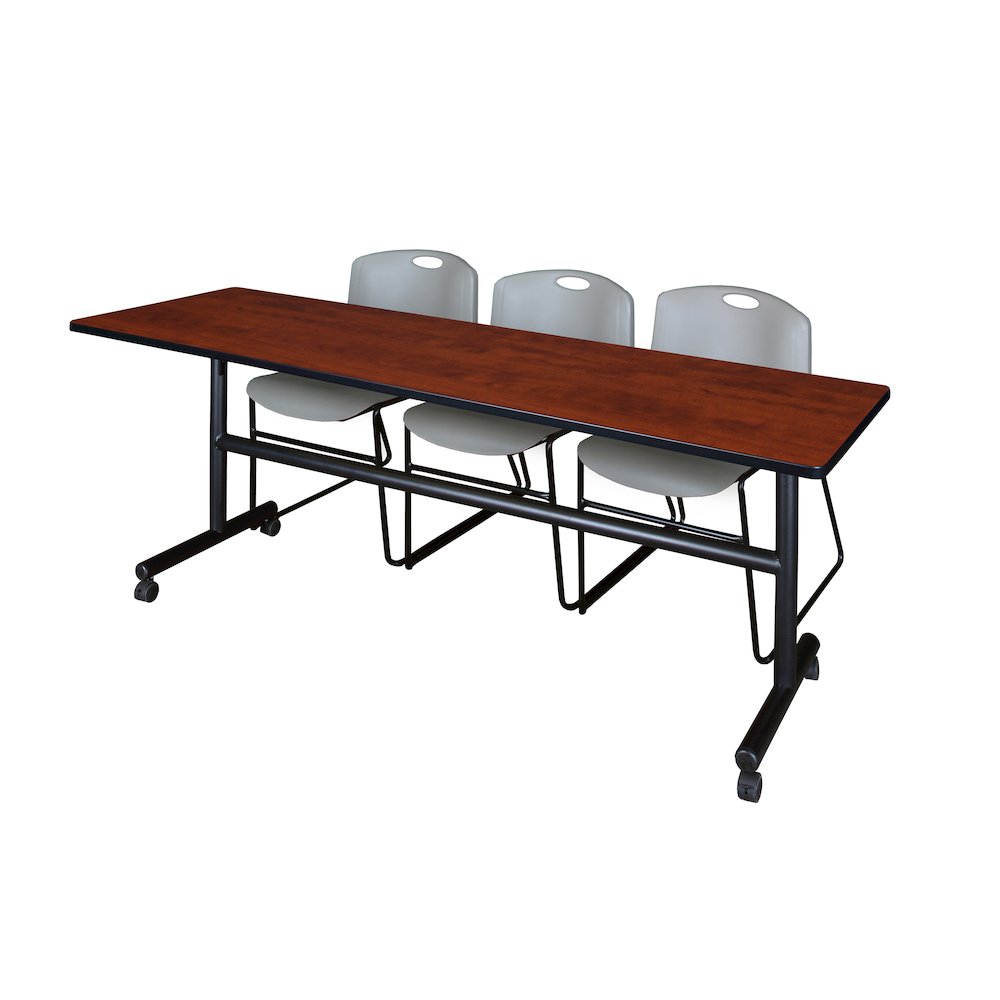 84 x 24 in. Flip-Top Training Nesting Table- Cherry, 2 Zeng Stack Chairs- Grey. Picture 1
