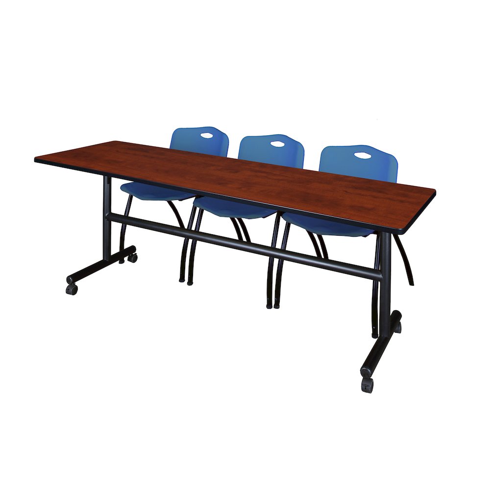 84 x 24 in. Flip-Top Training Nesting Table- Cherry, 2 M Stack Chairs- Blue. Picture 1