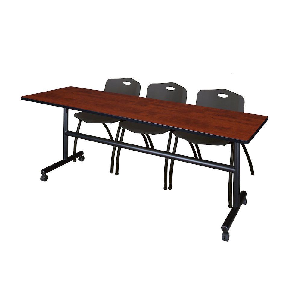 84 x 24 in. Flip-Top Training Nesting Table- Cherry, 2 M Stack Chairs- Black. Picture 1