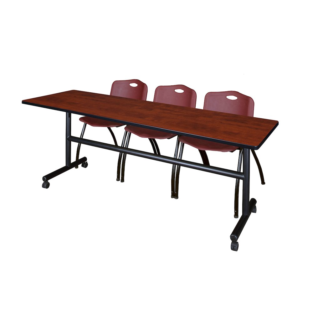 84 x 24 in. Flip-Top Training Nesting Table- Cherry, 2 M Stack Chairs- Burgundy. Picture 1