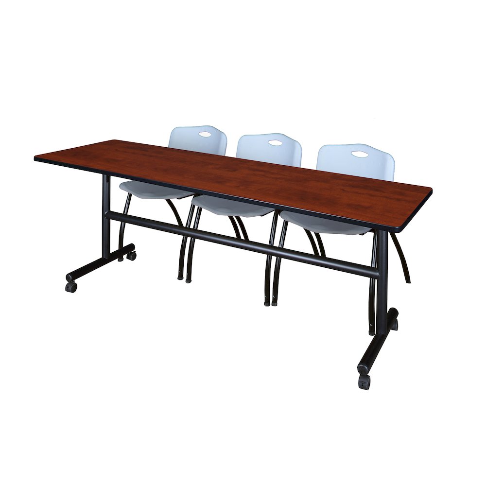 84 x 24 in. Flip-Top Training Nesting Table- Cherry, 2 M Stack Chairs- Grey. Picture 1
