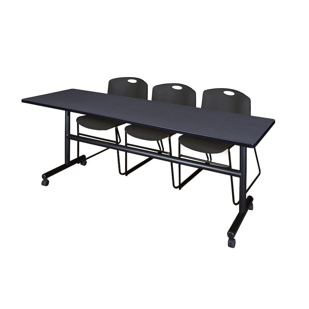 84 x 24 in. Flip-Top Training Nesting Table- Grey, 2 Zeng Stack Chairs- Black. Picture 1