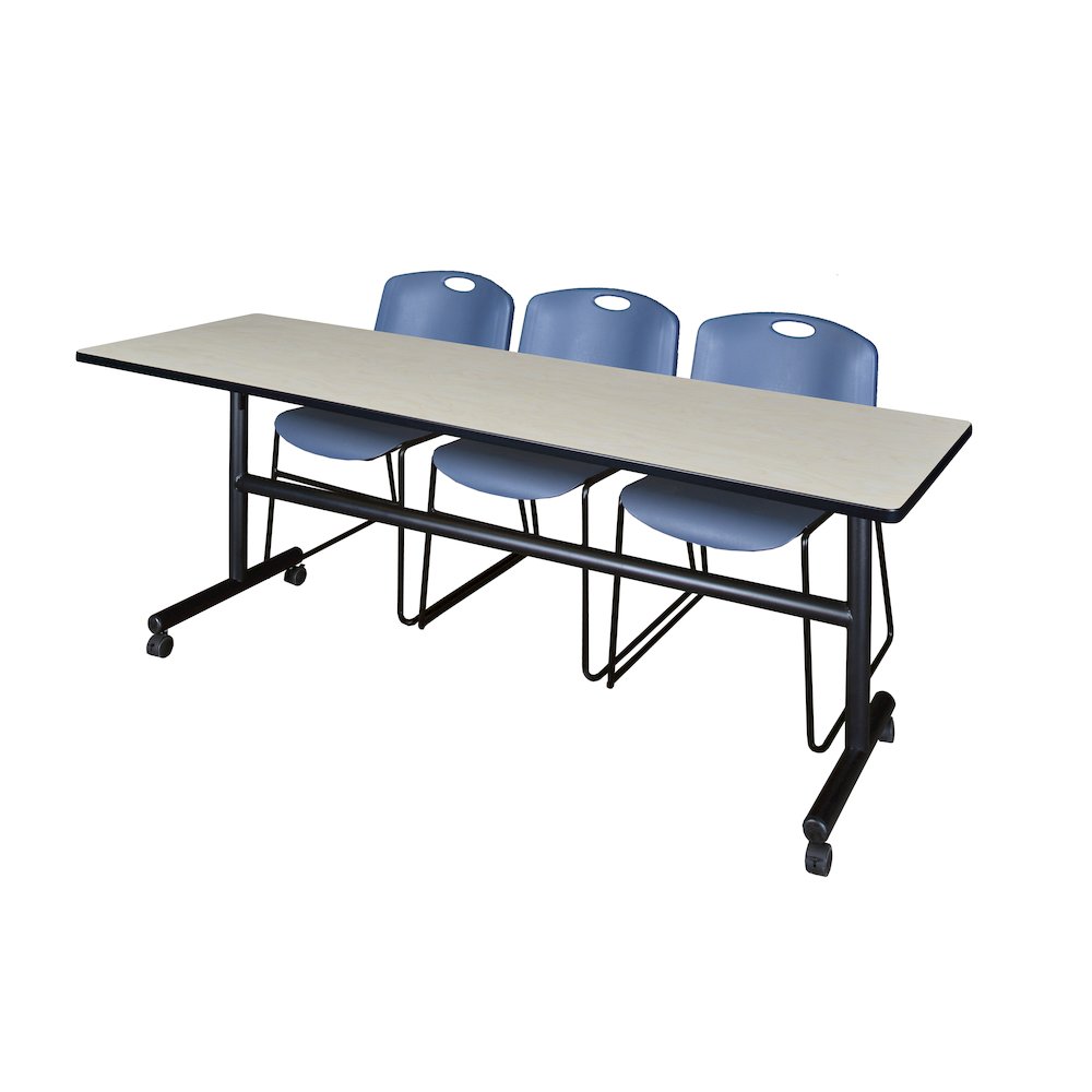 84 x 24 in. Flip-Top Training Nesting Table- Maple, 2 Zeng Stack Chairs- Blue. Picture 1