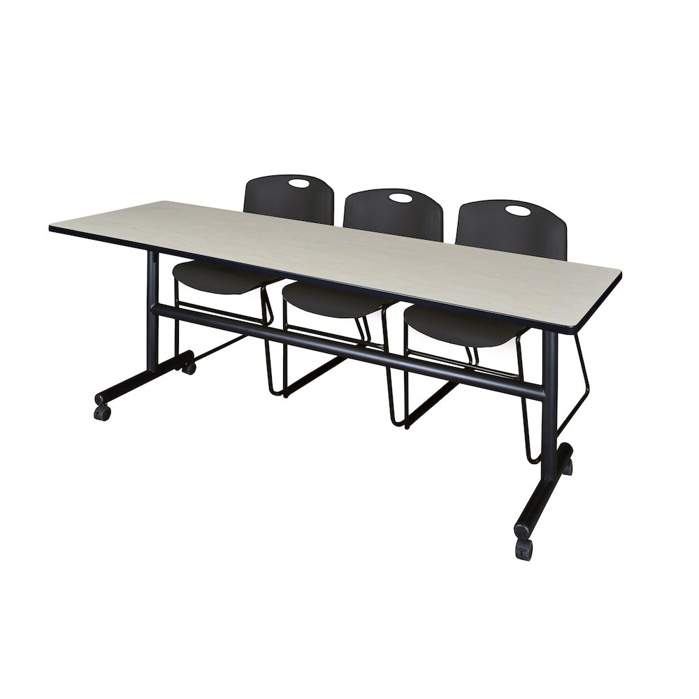 84 x 24 in. Flip-Top Training Nesting Table- Maple, 2 Zeng Stack Chairs- Black. Picture 1