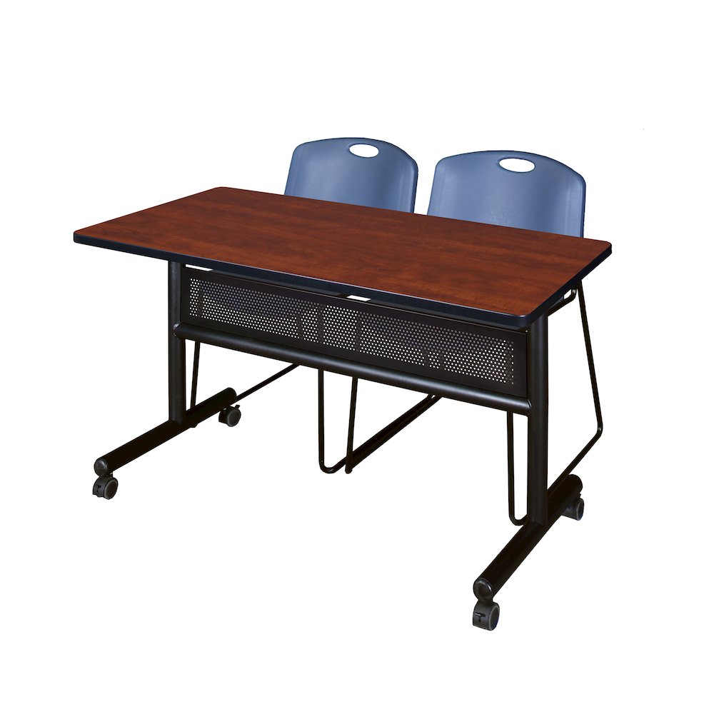 48 x 24 in. Flip-Top Privacy Nesting Table- Cherry, 2 Zeng Stack Chairs- Blue. Picture 1