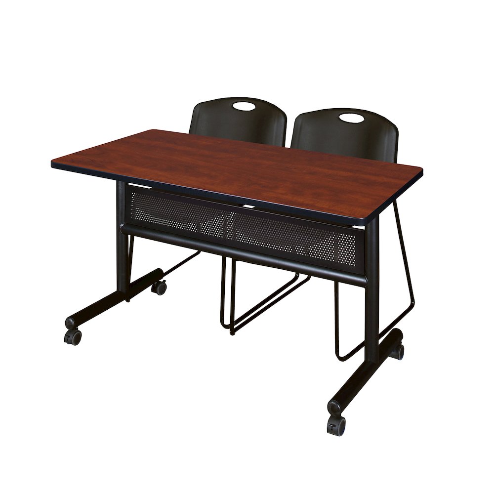48 x 24 in. Flip-Top Privacy Nesting Table- Cherry, 2 Zeng Stack Chairs- Black. Picture 1