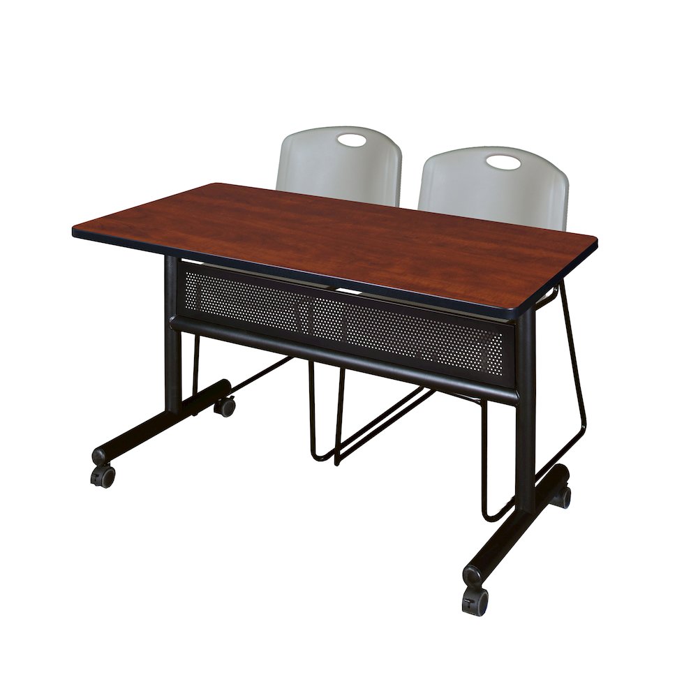 48 x 24 in. Flip-Top Privacy Nesting Table- Cherry, 2 Zeng Stack Chairs- Grey. Picture 1