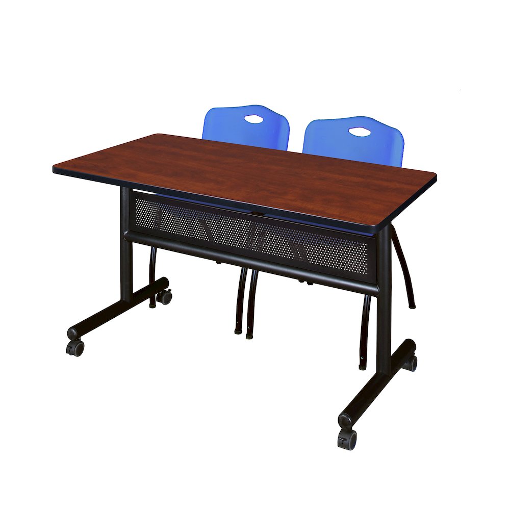 48 x 24 in. Flip-Top Privacy Nesting Table- Cherry, 2 M Stack Chairs- Blue. Picture 1