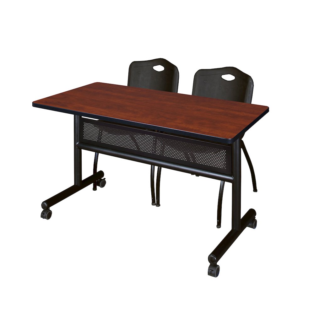 48 x 24 in. Flip-Top Privacy Nesting Table- Cherry, 2 M Stack Chairs- Black. Picture 1