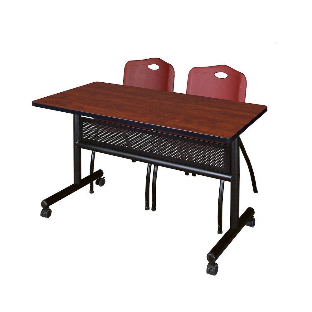 48 x 24 in. Flip-Top Privacy Nesting Table- Cherry, 2 M Stack Chairs- Burgundy. Picture 1