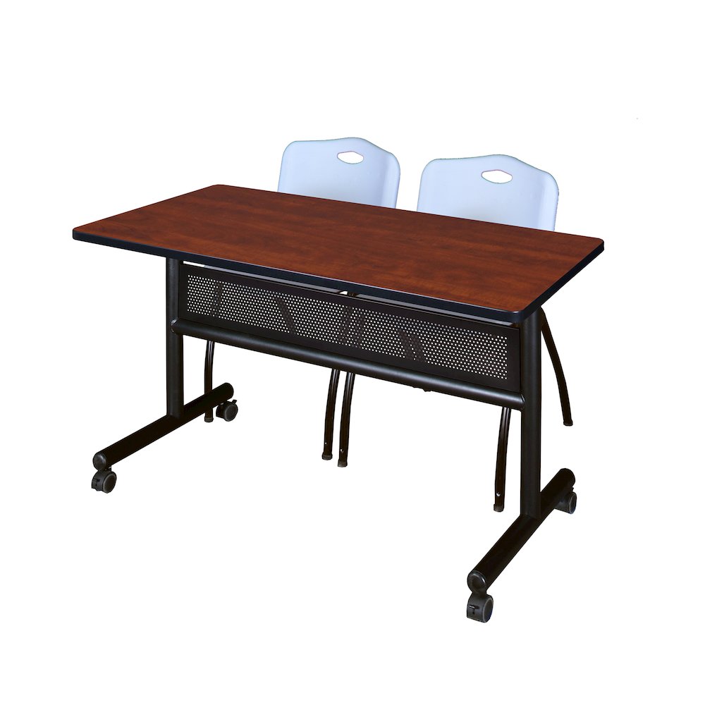 48 x 24 in. Flip-Top Privacy Nesting Table- Cherry, 2 M Stack Chairs- Grey. Picture 1