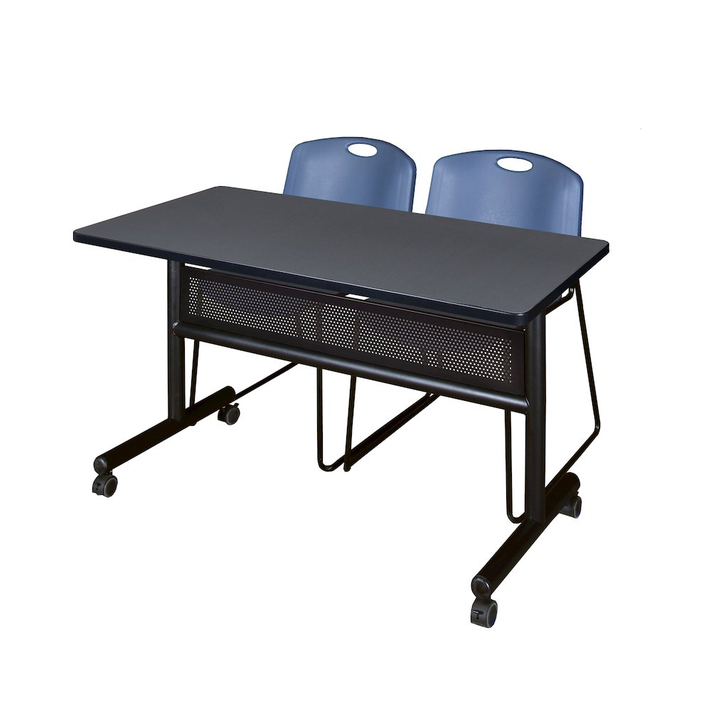 48 x 24 in. Flip-Top Privacy Nesting Table- Grey, 2 Zeng Stack Chairs- Blue. Picture 1