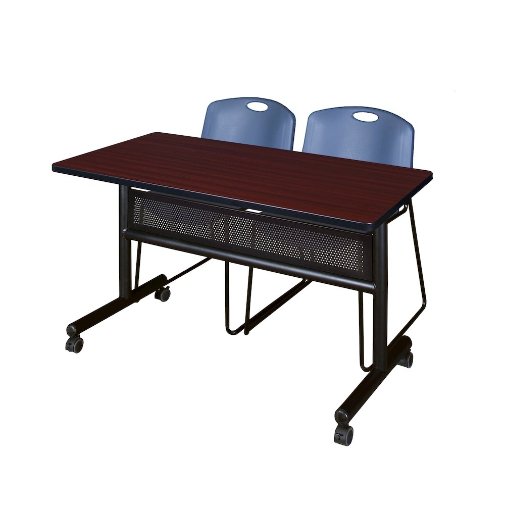 48 x 24 in. Flip-Top Privacy Nesting Table- Mahogany, 2 Zeng Stack Chairs- Blue. Picture 1