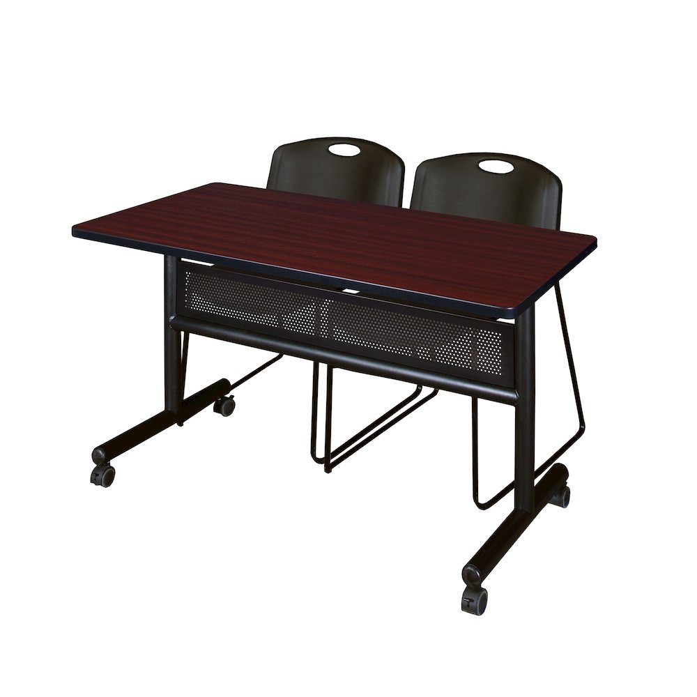 48 x 24 in. Flip-Top Privacy Nesting Table- Mahogany, 2 Zeng Stack Chairs- Black. Picture 1