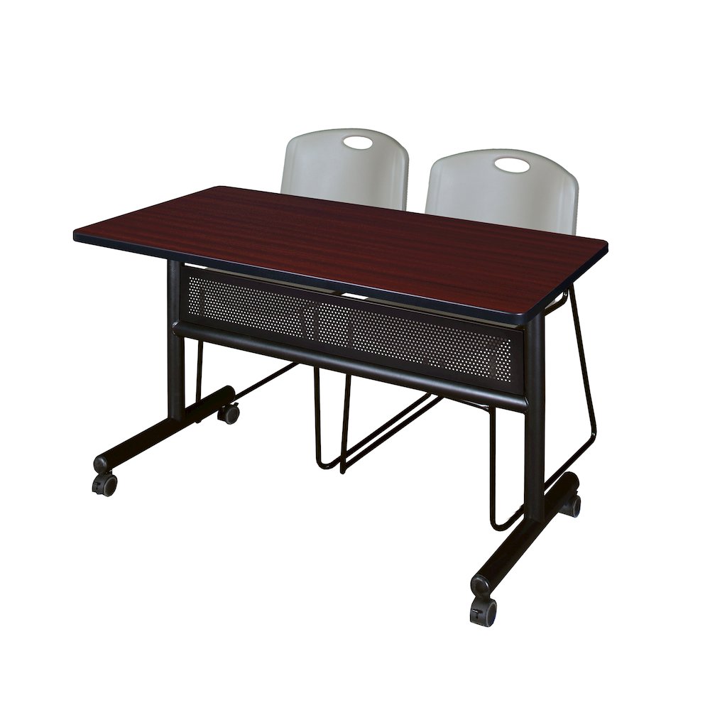 48 x 24 in. Flip-Top Privacy Nesting Table- Mahogany, 2 Zeng Stack Chairs- Grey. Picture 1
