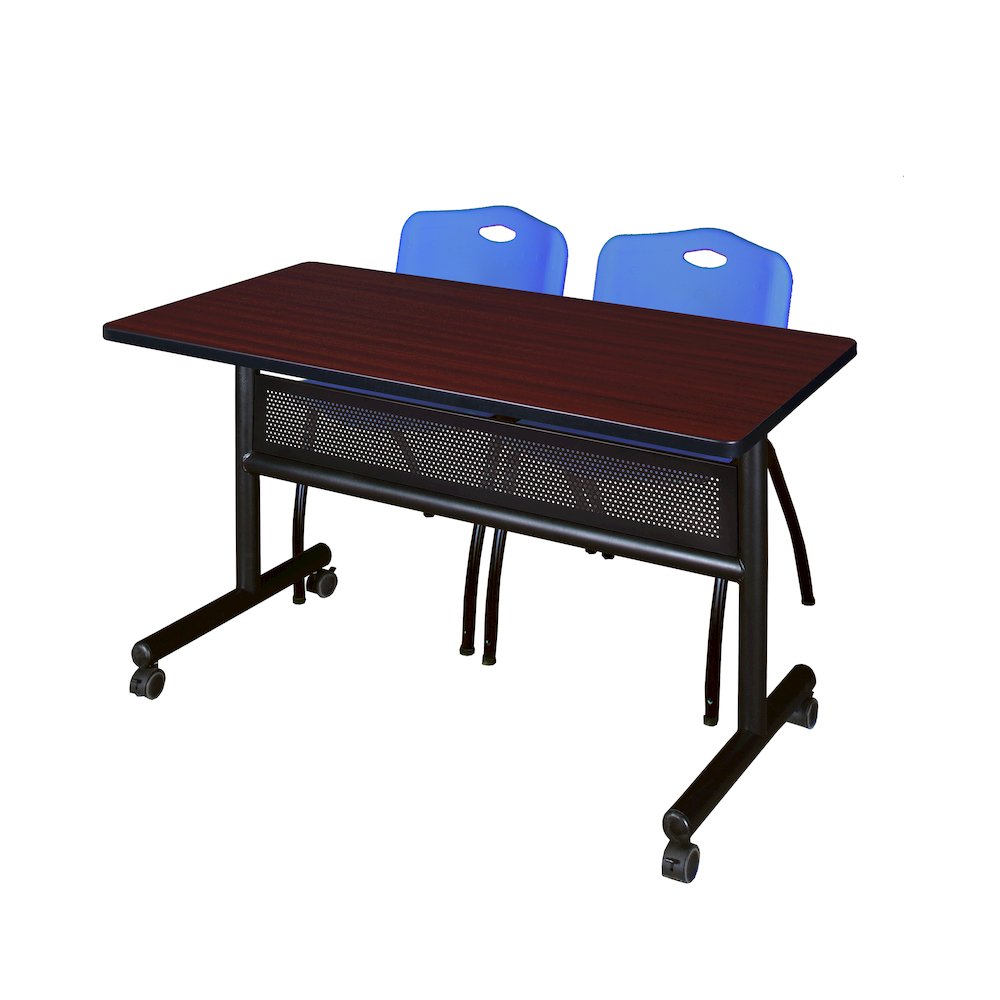 48 x 24 in. Flip-Top Privacy Nesting Table- Mahogany, 2 M Stack Chairs- Blue. Picture 1