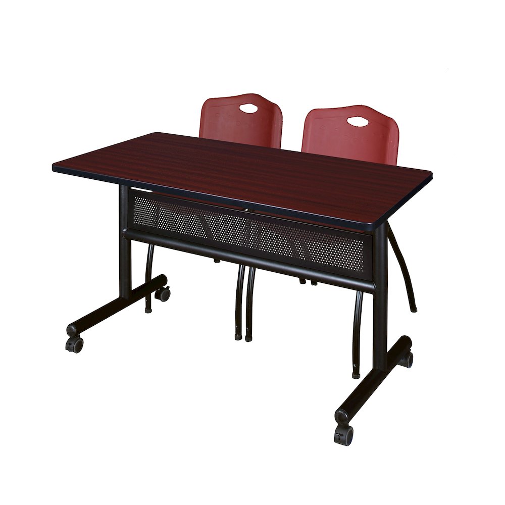 48 x 24 in. Flip-Top Privacy Nesting Table- Mahogany, 2 M Stack Chairs- Burgundy. Picture 1
