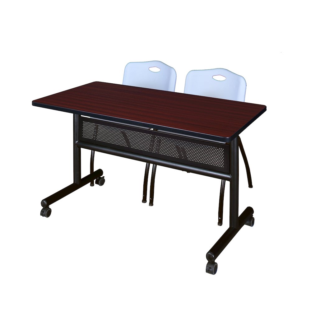 48 x 24 in. Flip-Top Privacy Nesting Table- Mahogany, 2 M Stack Chairs- Grey. Picture 1