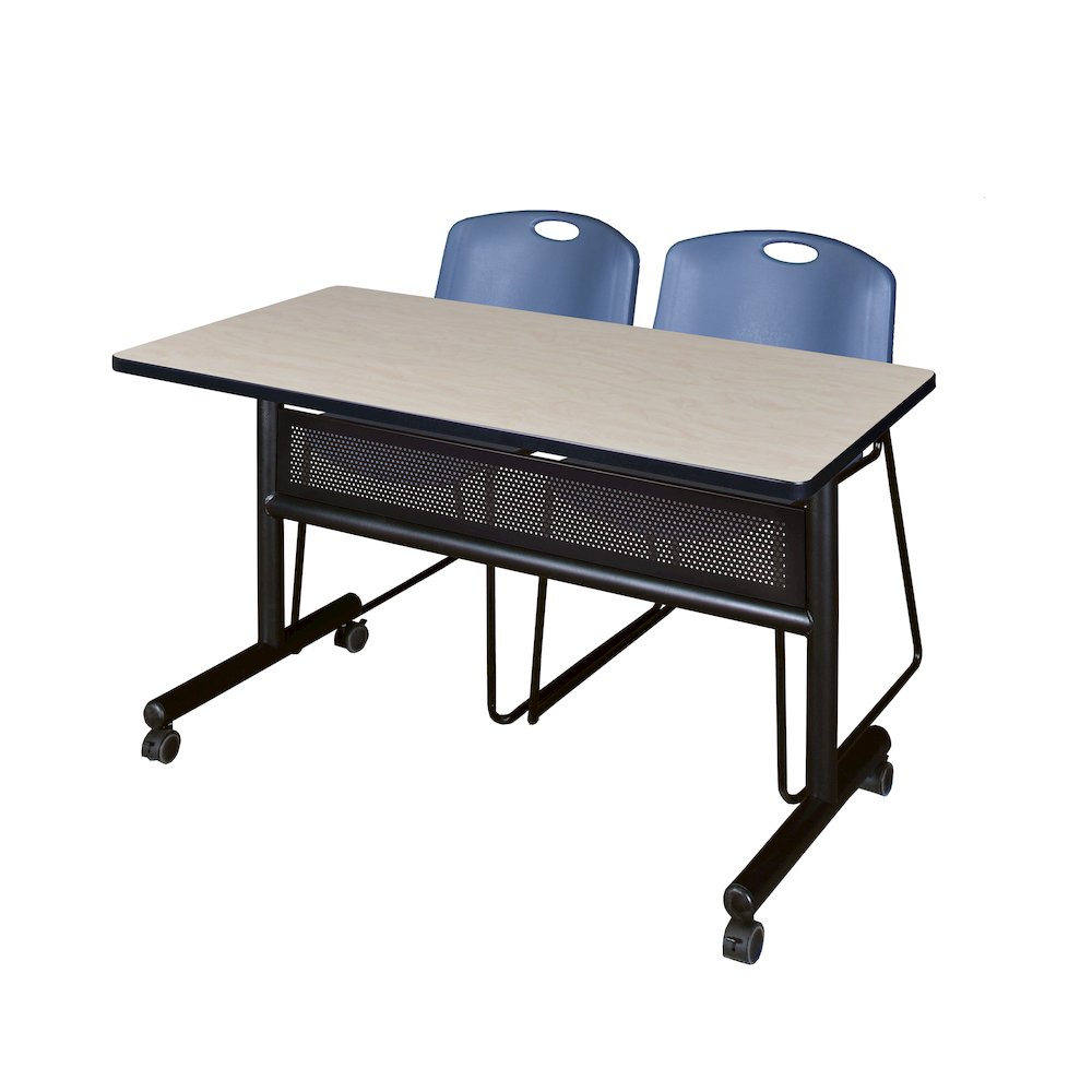 48 x 24 in. Flip-Top Privacy Nesting Table- Maple, 2 Zeng Stack Chairs- Blue. Picture 1