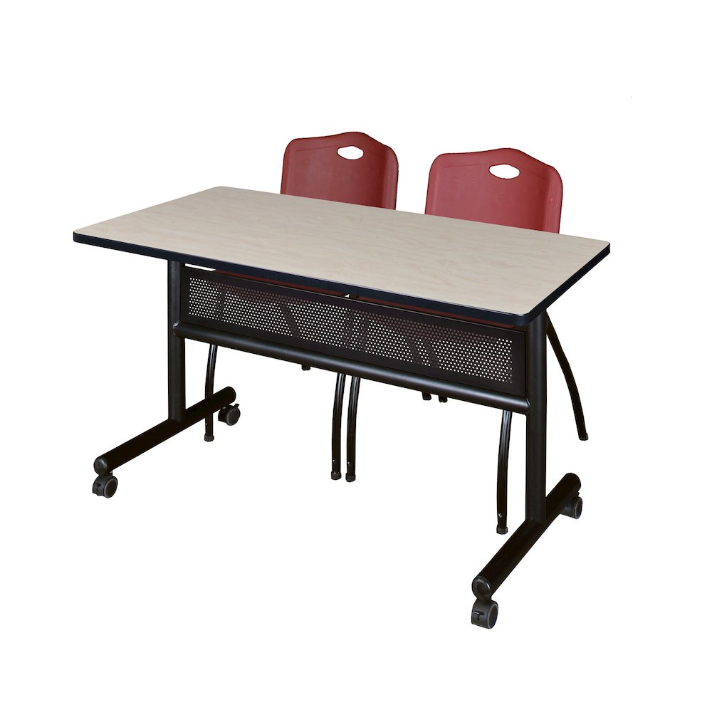 48 x 24 in. Flip-Top Privacy Nesting Table- Maple, 2 M Stack Chairs- Burgundy. Picture 1