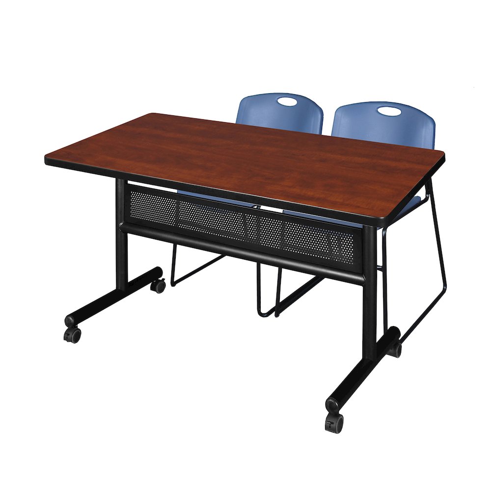 48 x 30 in. Flip-Top Privacy Nesting Table- Cherry, 2 Zeng Stack Chairs- Blue. Picture 1