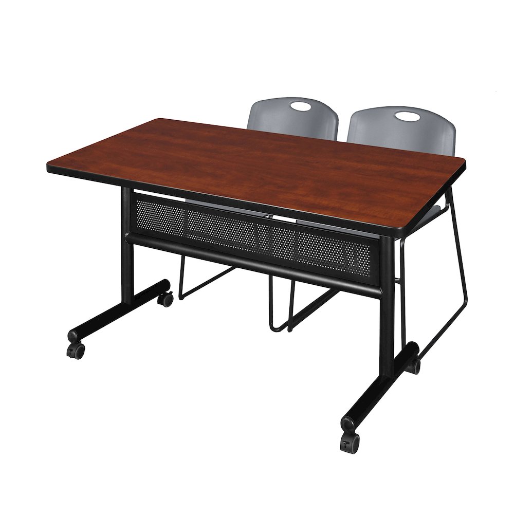 48 x 30 in. Flip-Top Privacy Nesting Table- Cherry, 2 Zeng Stack Chairs- Grey. Picture 1
