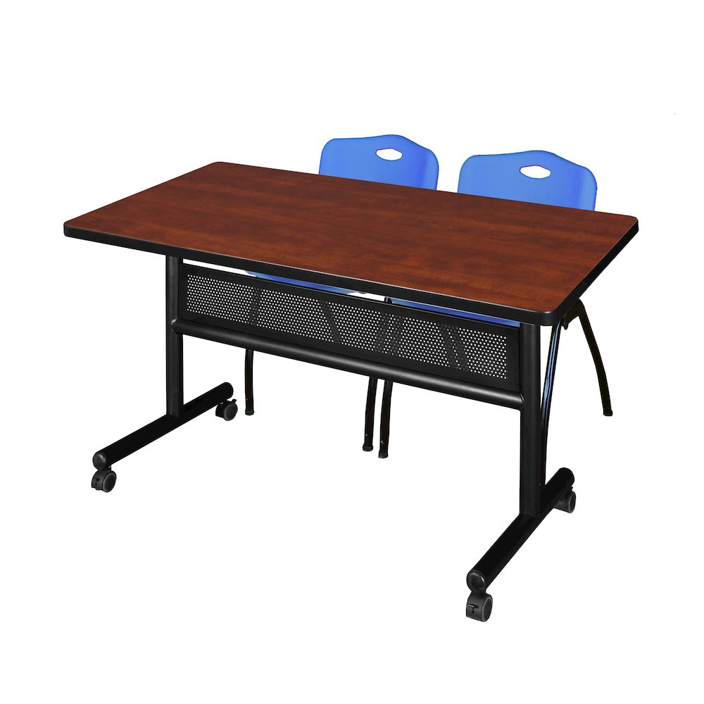 48 x 30 in. Flip-Top Privacy Nesting Table- Cherry, 2 M Stack Chairs- Blue. Picture 1